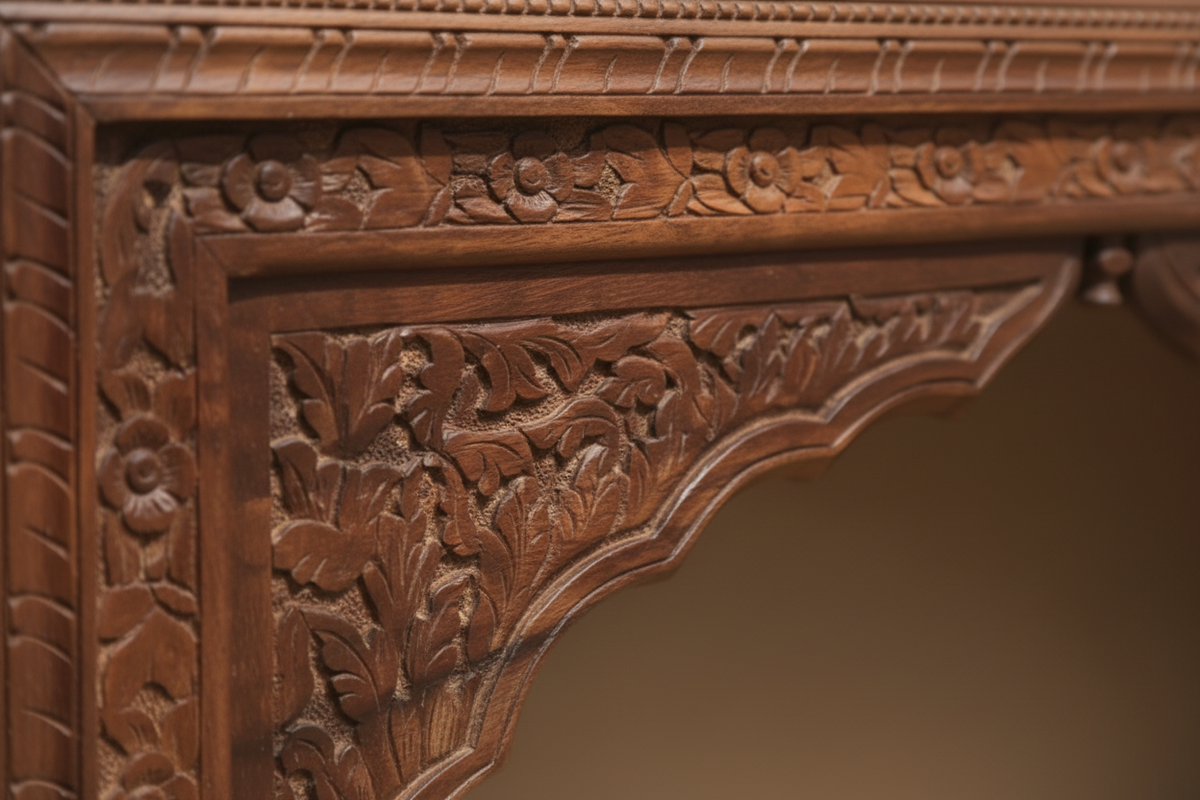 Close-up of hand-carved scrolling floral motifs on Mughal arch console table