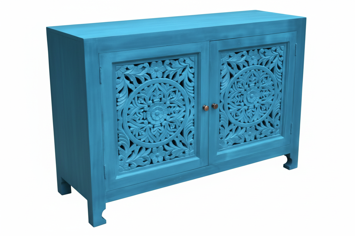 Hand-carved turquoise mandala sideboard – elevated three-quarter white background