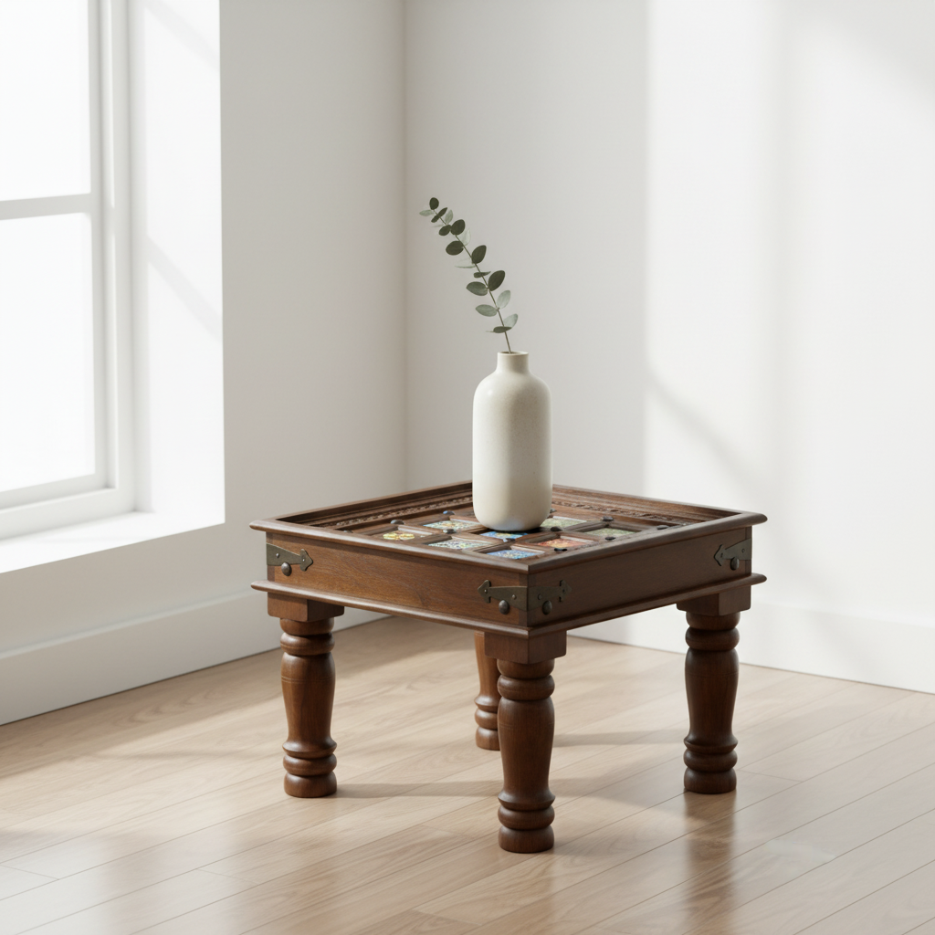 Blue Pottery tile-top side table – minimalist white room accent table