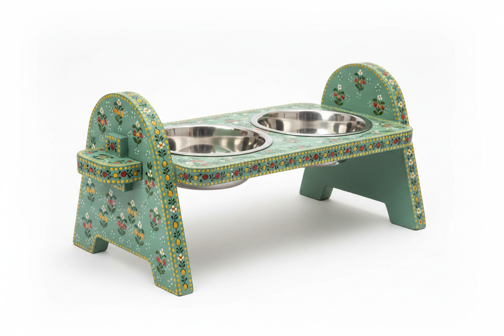Sage teal arch-leg Rajasthani dog bowl stand side profile showing Mughal arch silhouette on white background