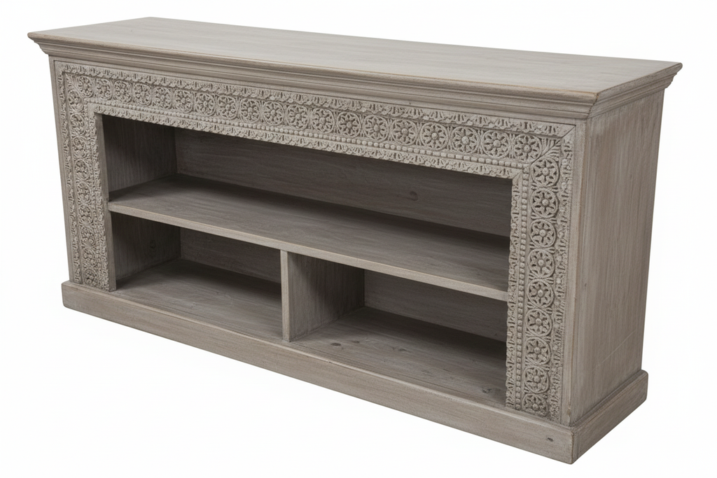 Hand-carved grey whitewash open bookcase console – elevated three-quarter white background