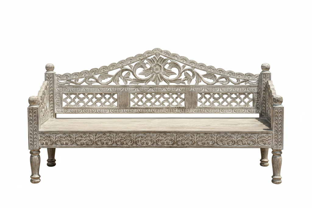 Whitewash carved mango wood daybed bench full front view on white background