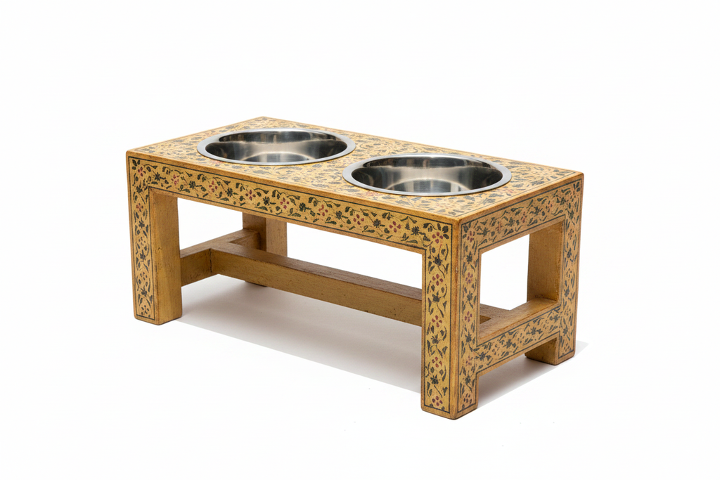 Butter yellow Rajasthani dog bowl stand 3/4 front angle on white background