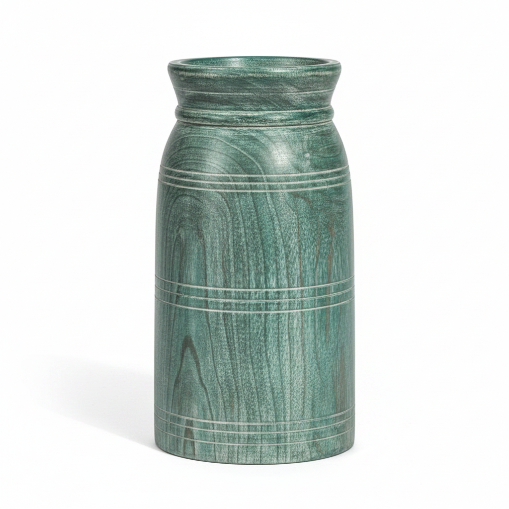 Single antique teal-green distressed wood vase close-up – white background
