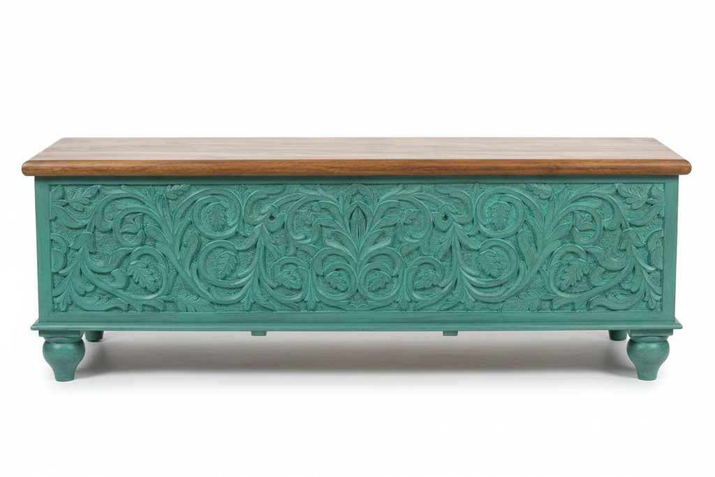 Hand-carved turquoise mango wood storage trunk – rear view white background