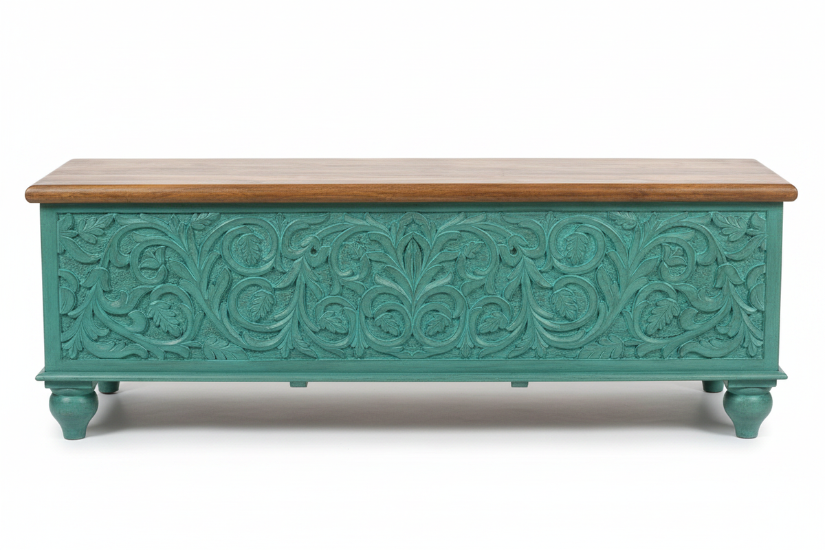 Hand-carved turquoise mango wood storage trunk – rear view white background