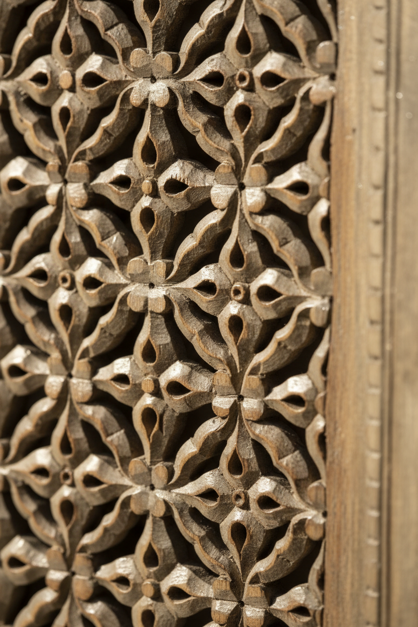 Close-up of hand-carved open floral and teardrop jali lattice on grey-silver panel