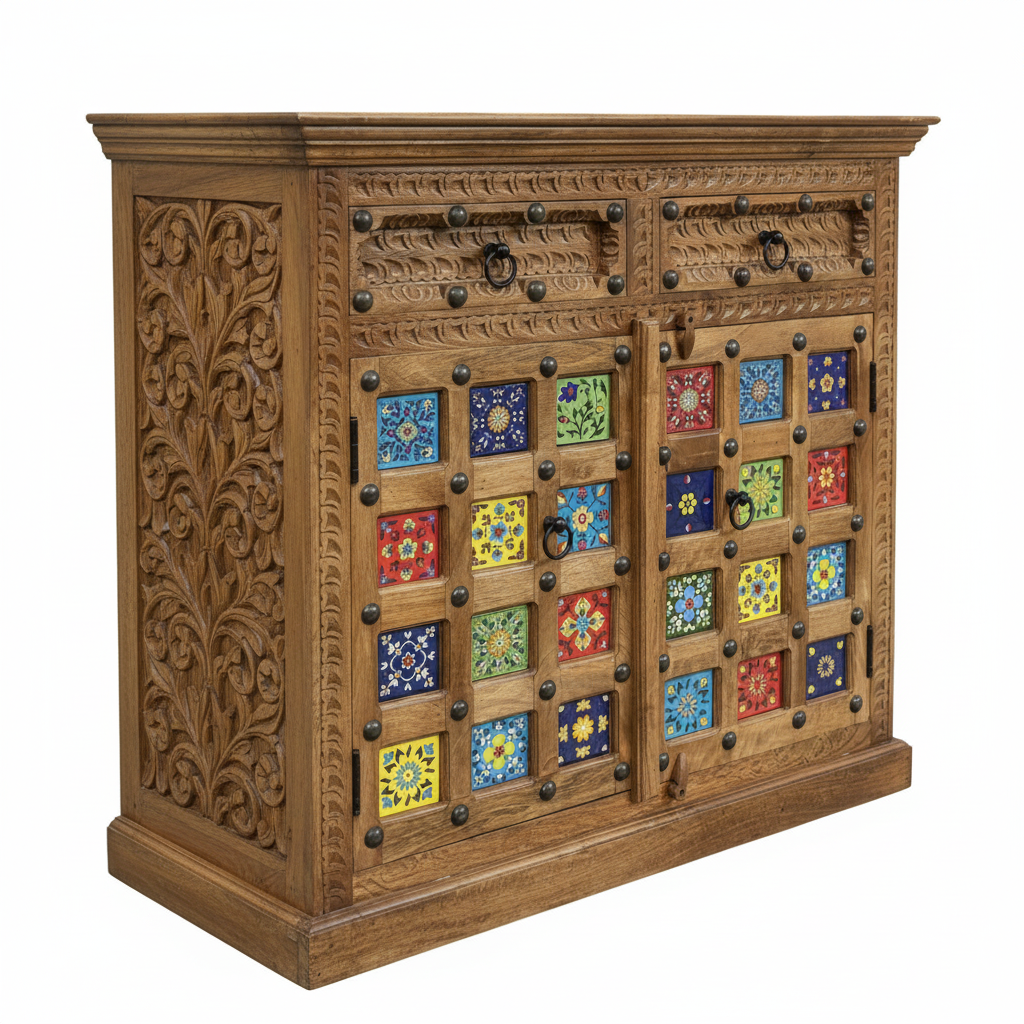 Blue Pottery tile sideboard – 45-degree angle white background