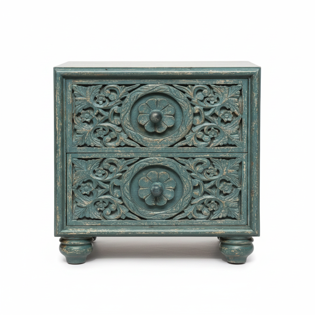 Teal two-drawer bedside chest – front view white background