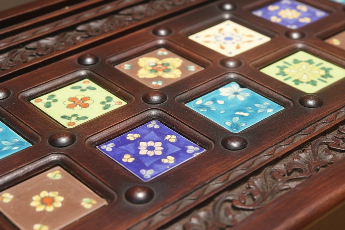 Close-up of hand-painted Blue Pottery tile row with dome bosses and carved walnut border
