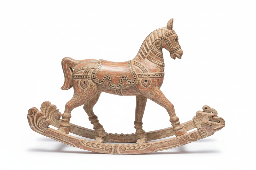 Hand-carved polychrome rocking horse – side profile white background