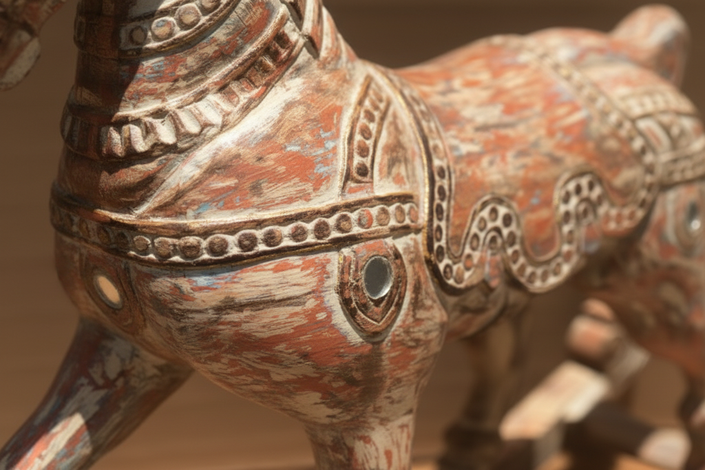 Close-up of polychrome painted harness, mirror inlays and dot-work carving on rocking horse