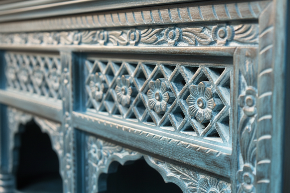 Close-up of hand-carved geometric lattice fretwork on cobalt blue drawer front