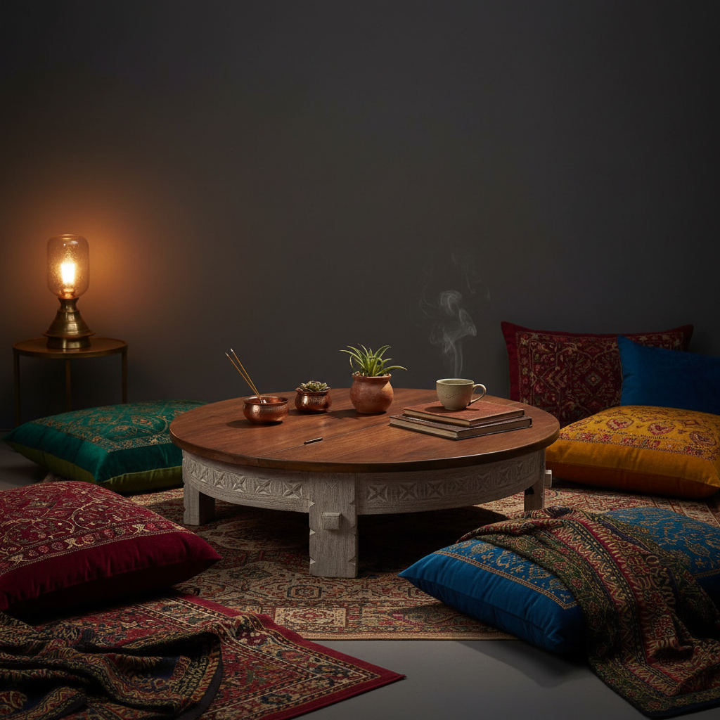 Chowki low table – moody dark room with coloured textiles and warm lamp light