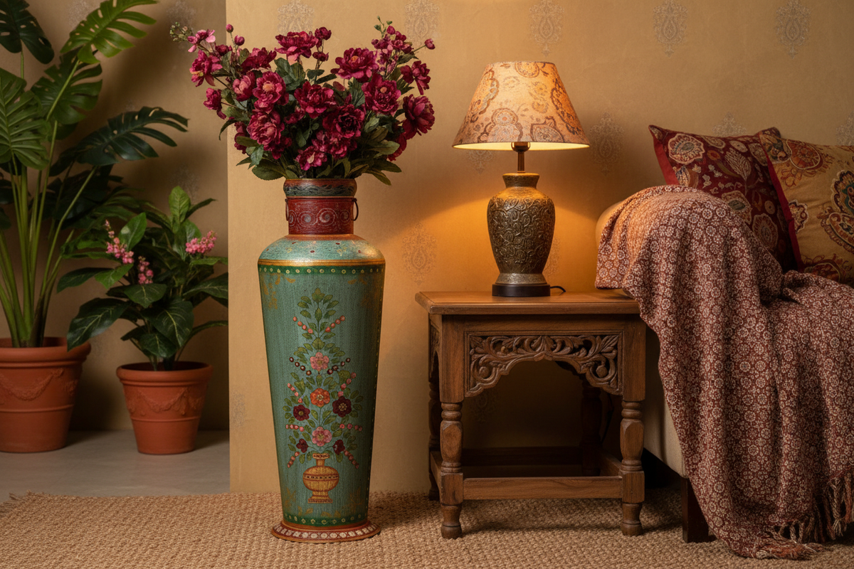 Tall teal floral metal floor vase alone in warm Rajasthani living room corner