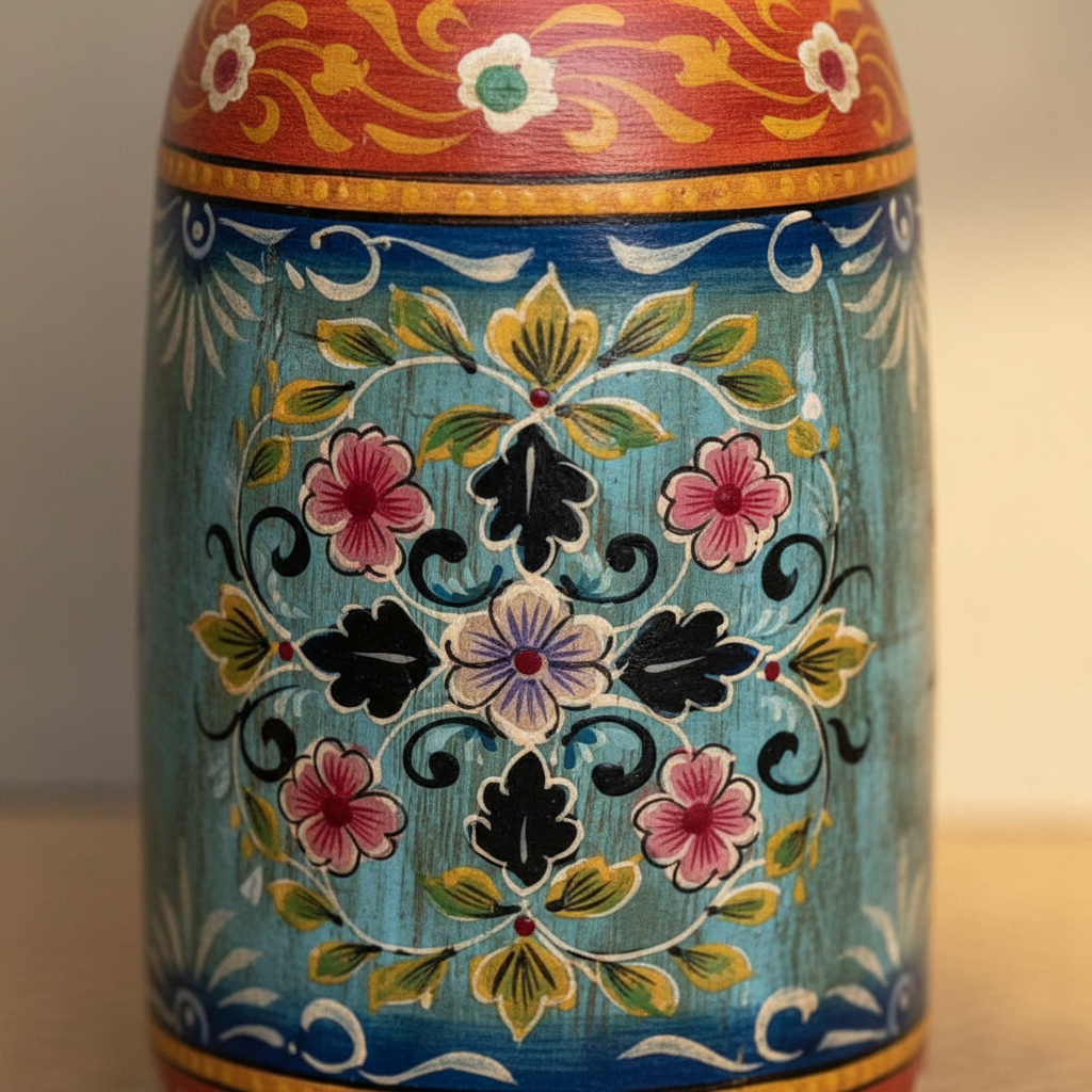 Close-up of hand-painted floral medallion, dot work border and scrolling vine on Rajasthani vase