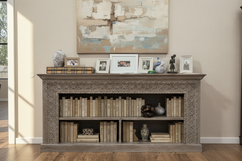 Hand-carved grey whitewash open bookcase console – front hero in warm living room