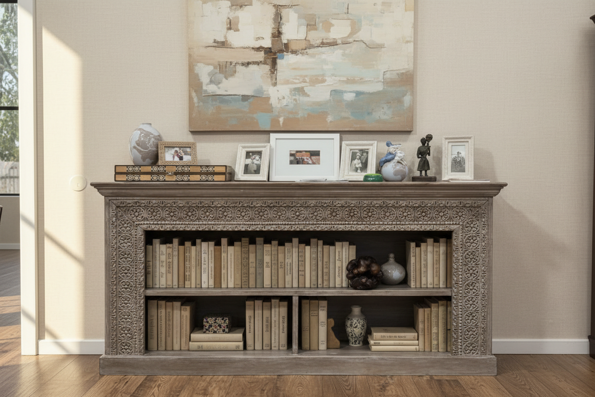Hand-carved grey whitewash open bookcase console – front hero in warm living room