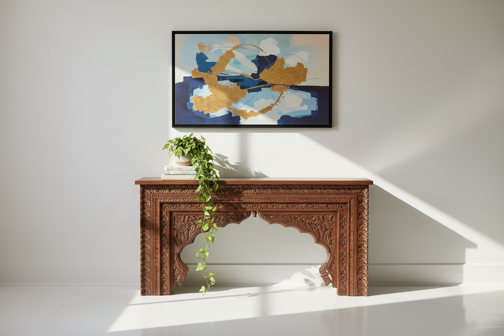 Hand-carved Mughal arch console table – styled in bright airy living room