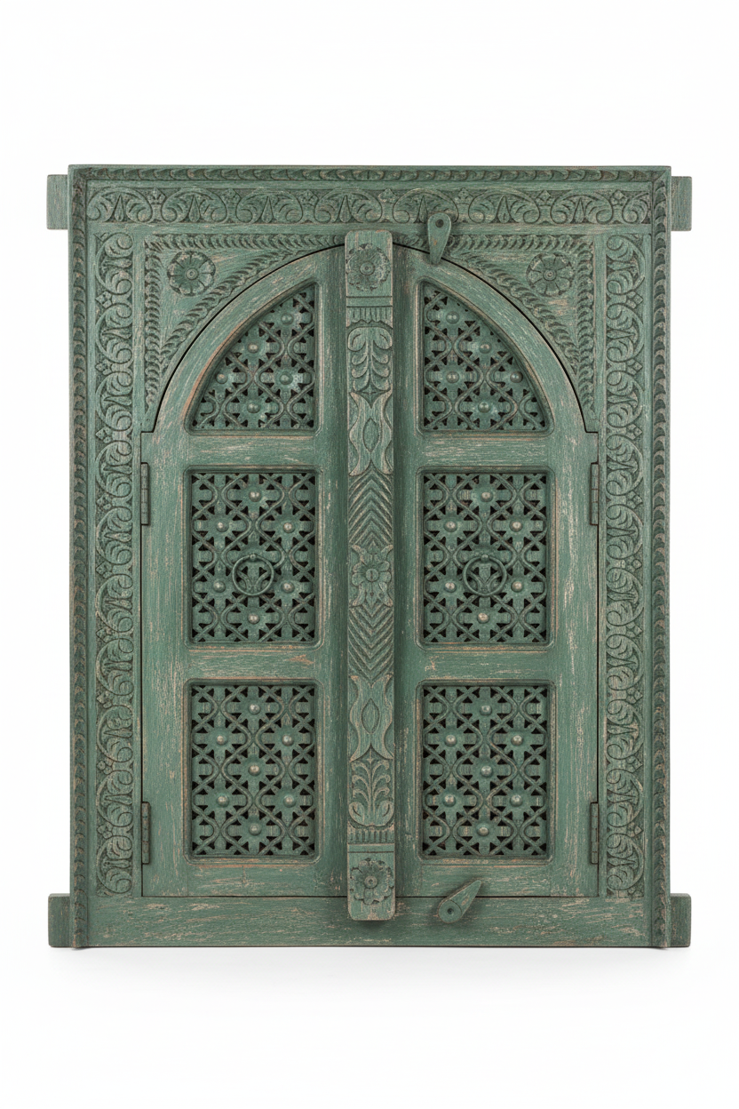 Antique sage green jali wall panel – front view white background