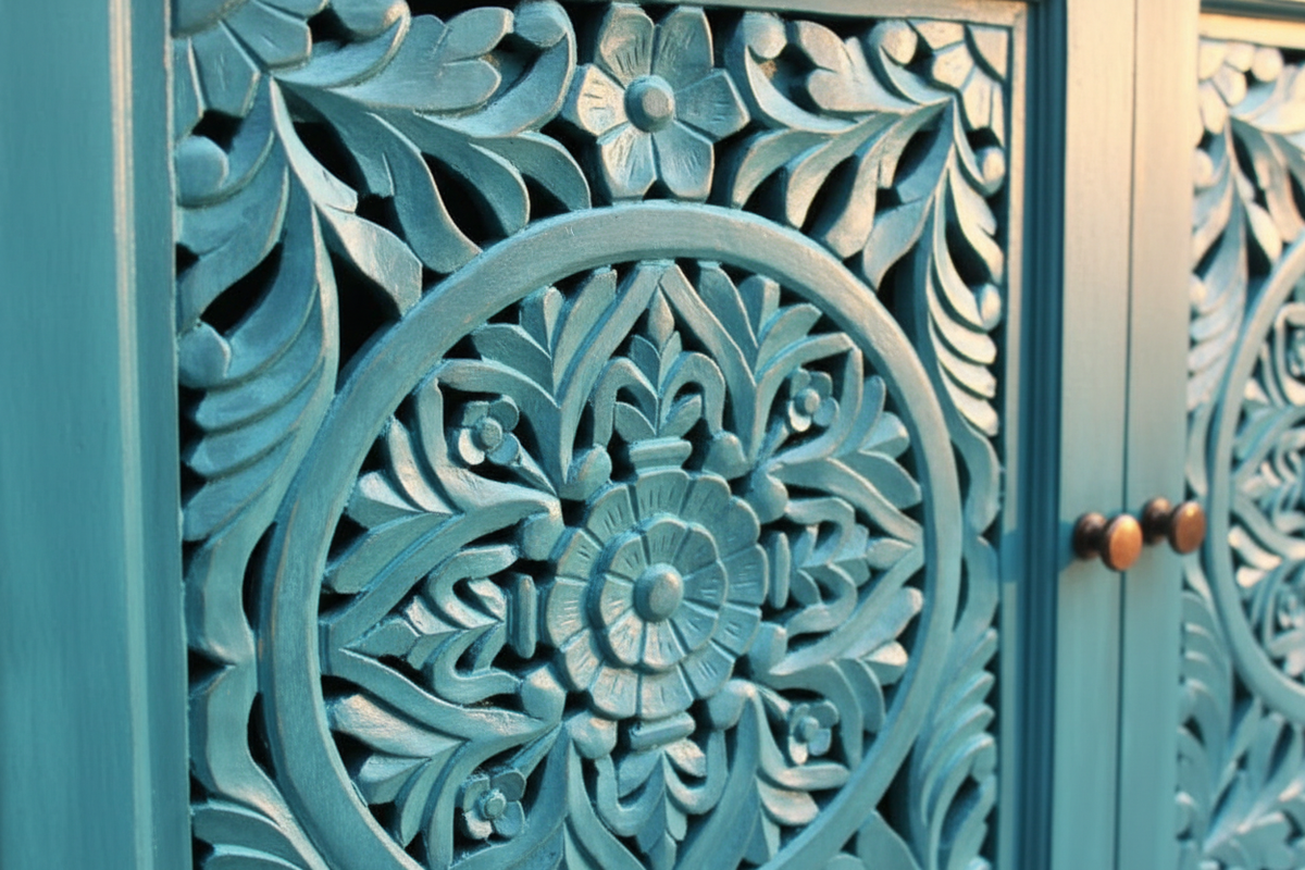 Close-up of hand-carved open jali floral mandala medallion on turquoise door panel