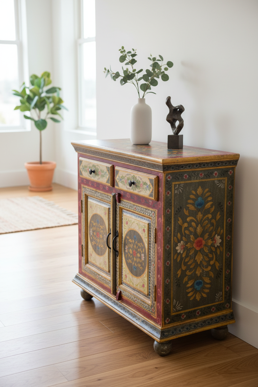 Hand-painted Rajasthani mandala sideboard – right angle styled with ceramics