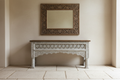 Hand-carved whitewash fretwork console table – front hero in elegant entryway