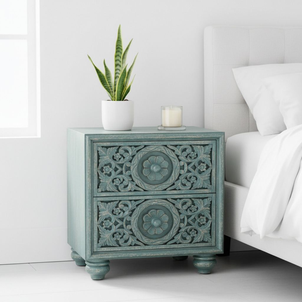 Teal two-drawer bedside chest – minimalist white bedroom