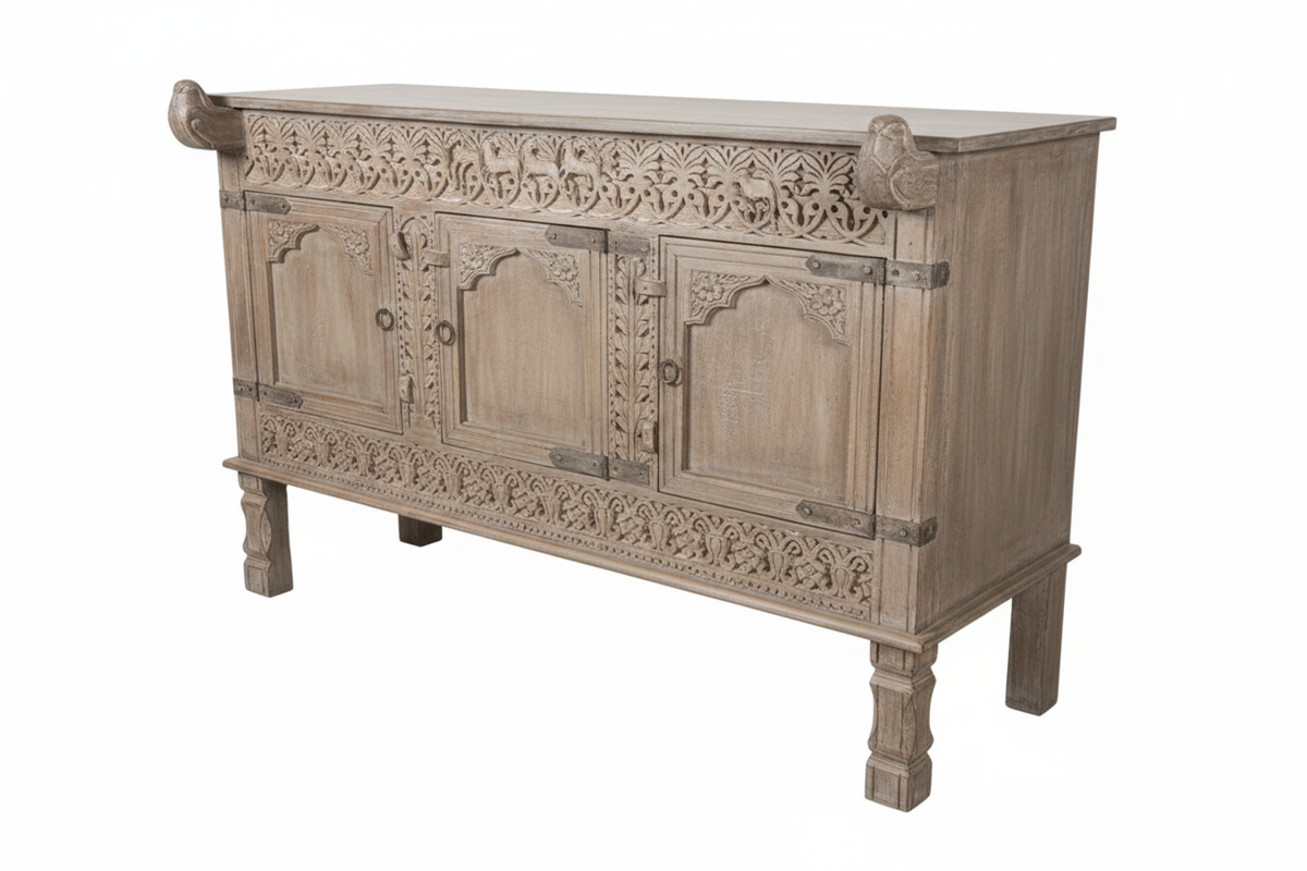 Whitewash three-door sideboard – elevated three-quarter white background