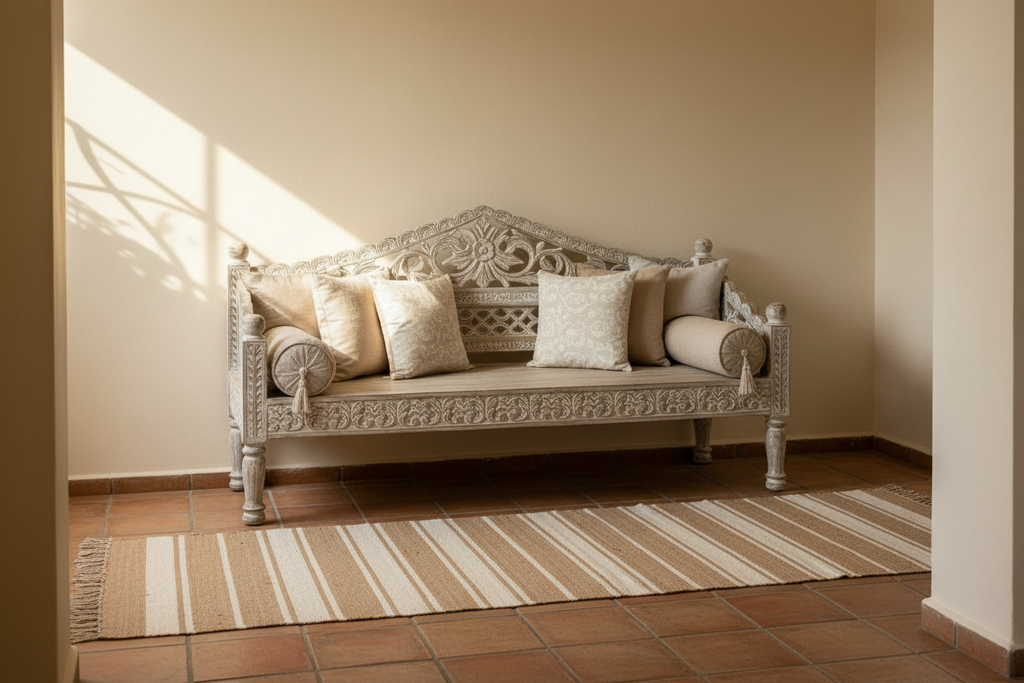 Whitewash carved daybed bench in warm hallway entry with terracotta tile floor and woven runner