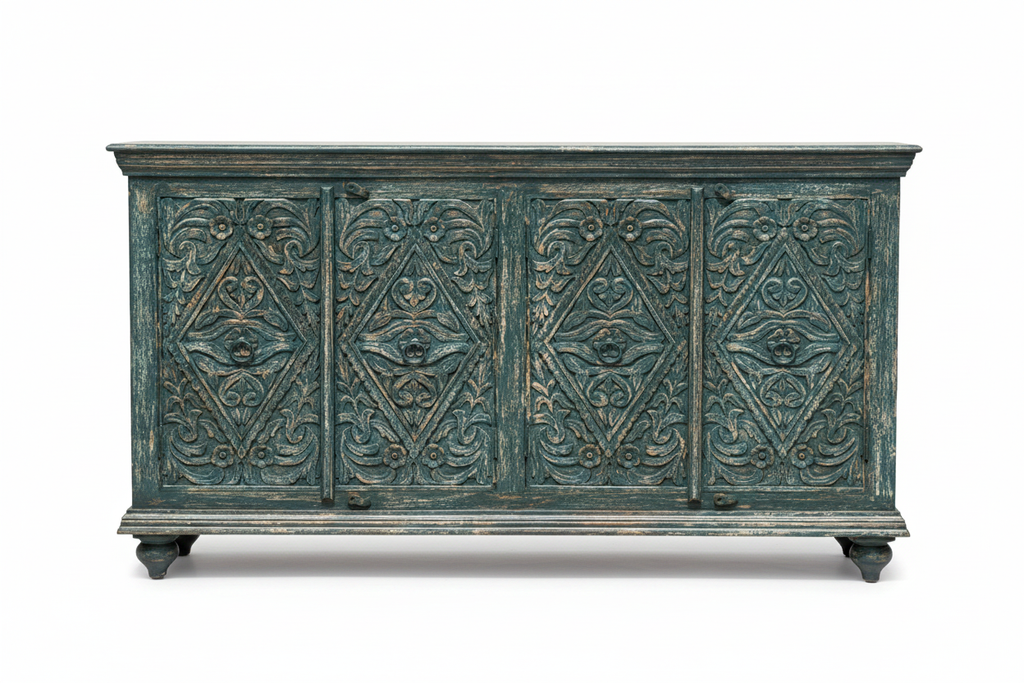 Hand-carved teal diamond sideboard – front view white background