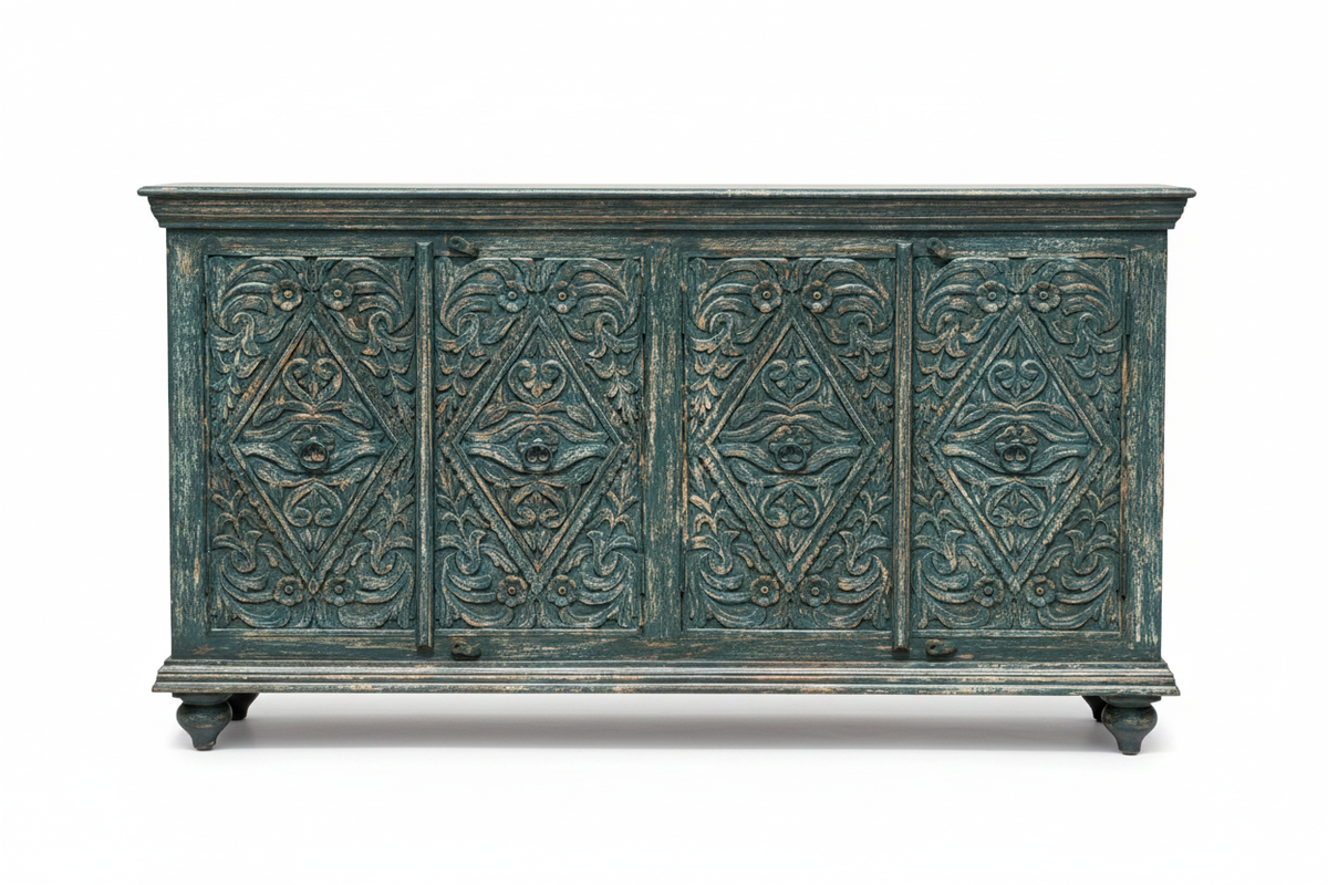 Hand-carved teal diamond sideboard – front view white background