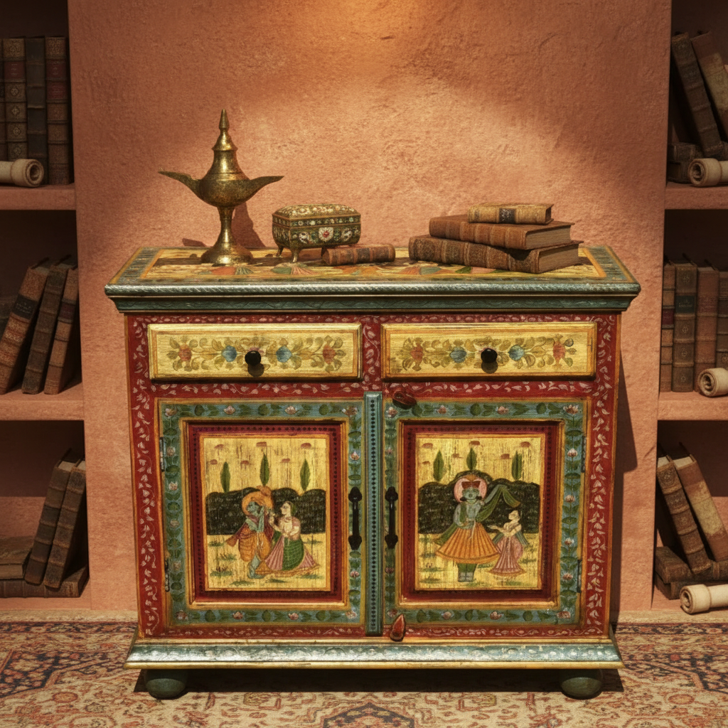 Mughal miniature cabinet – Rajasthani study with books and brass objects on top
