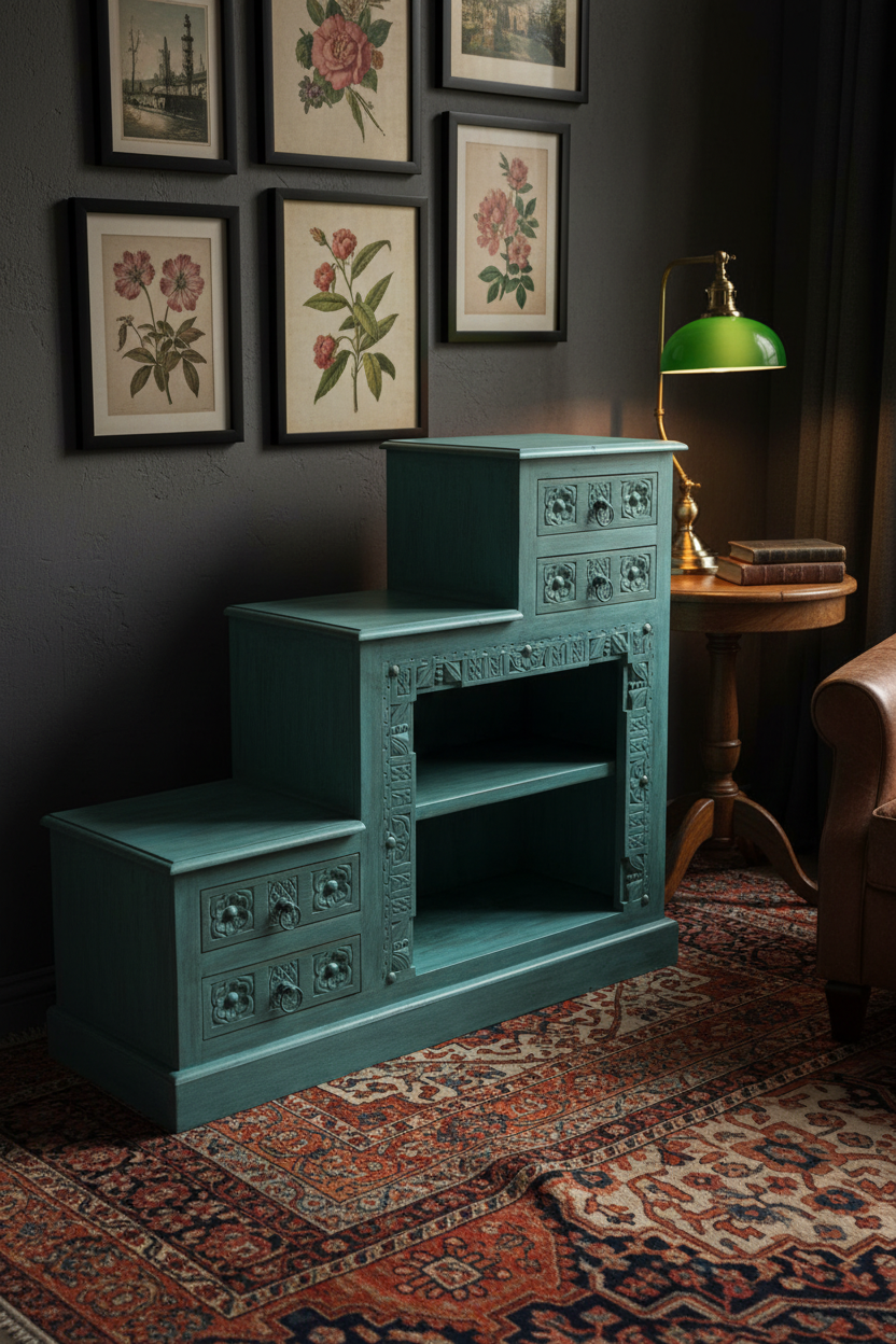 Hand-carved turquoise stepped bookcase – elevated angle in moody eclectic study