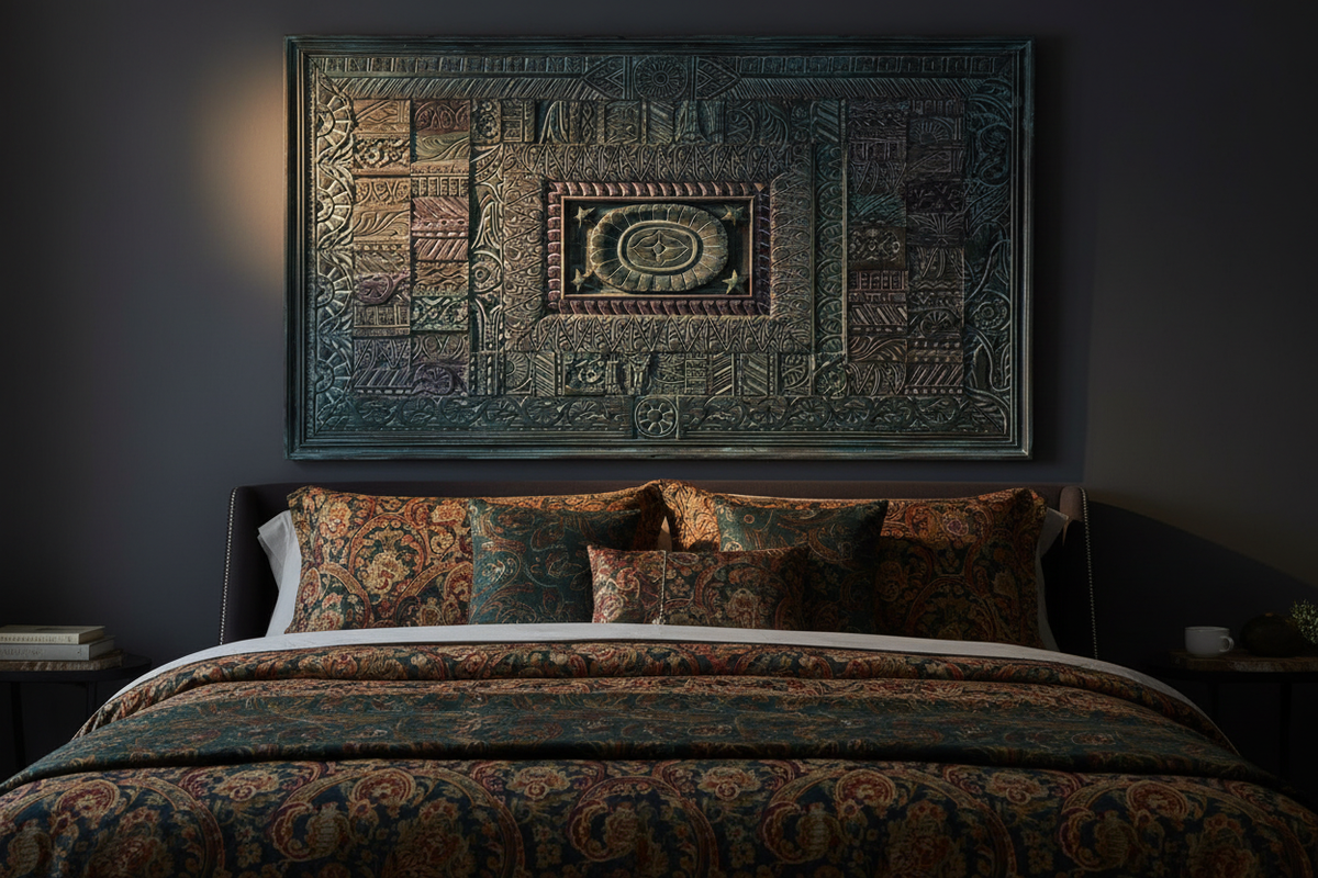 Teal carved wall panel – moody dark bedroom hung above bed with dramatic raking light