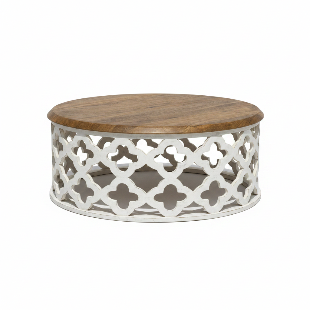 Moroccan drum coffee table – elevated three-quarter white background
