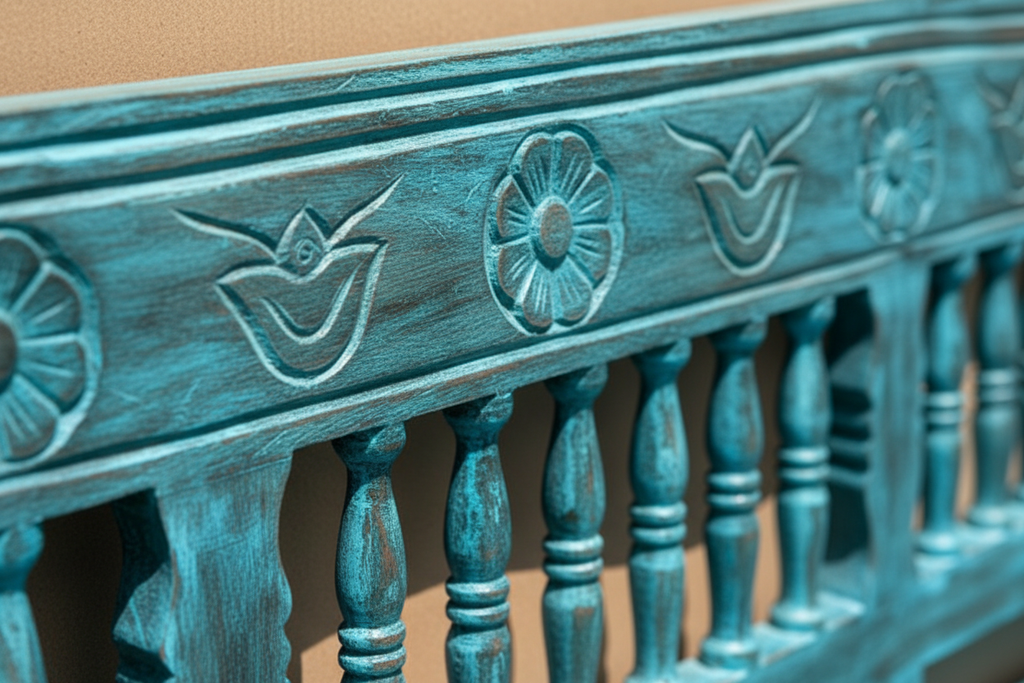 Close-up of hand-carved bird and floral motifs on turquoise mango wood bench