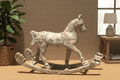 Hand-carved antique whitewash rocking horse – side profile in warm living room