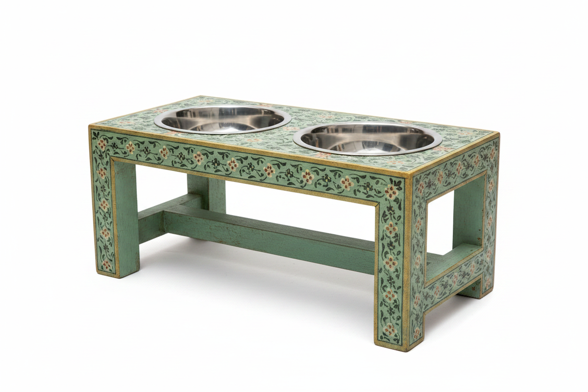 Sage green Rajasthani dog bowl stand 3/4 front angle on white background