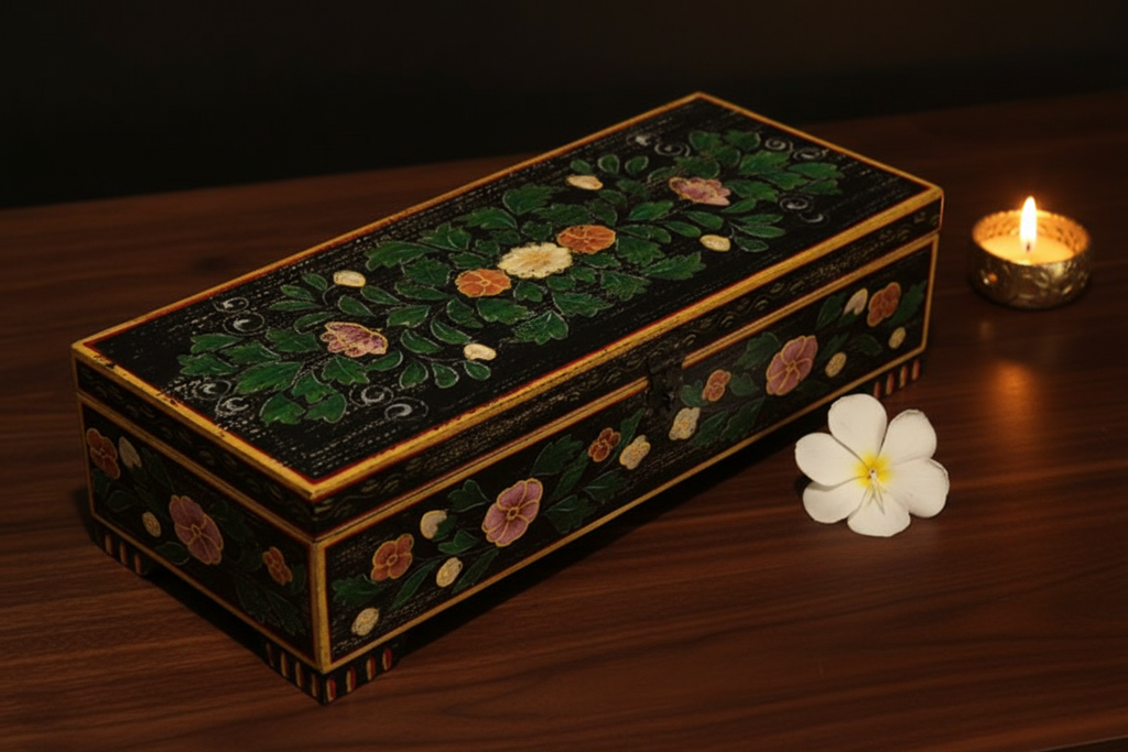 Black and gold airy floral keepsake box on dark walnut surface with white flower by candlelight