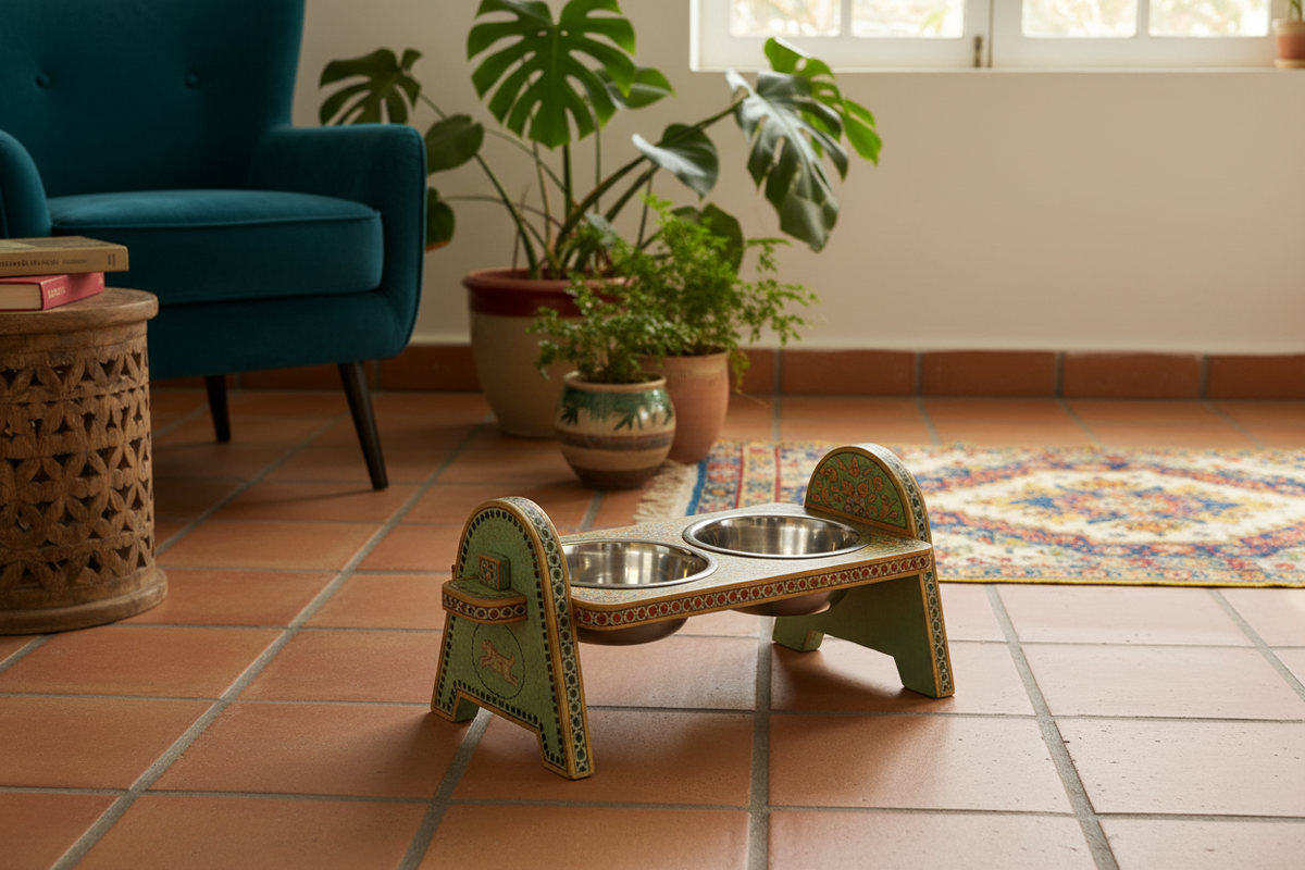 Sage green gold arch-leg Rajasthani dog bowl stand in eclectic living room on terracotta tiles