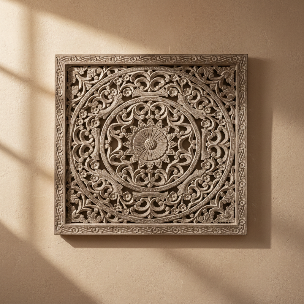 Hand-carved grey-silver open jali mandala wall panel – hero on neutral plaster wall