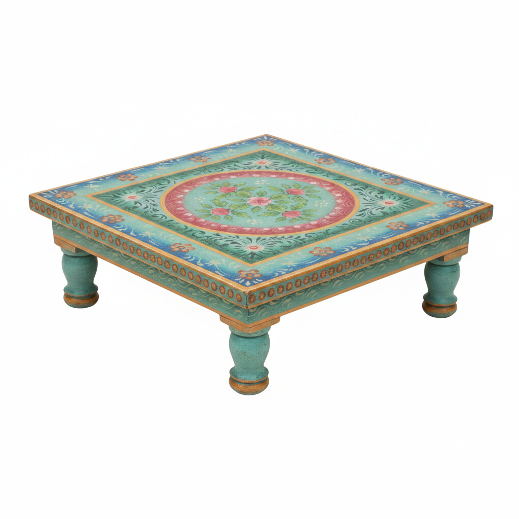 Hand-painted Bajot low table in Teal – white background