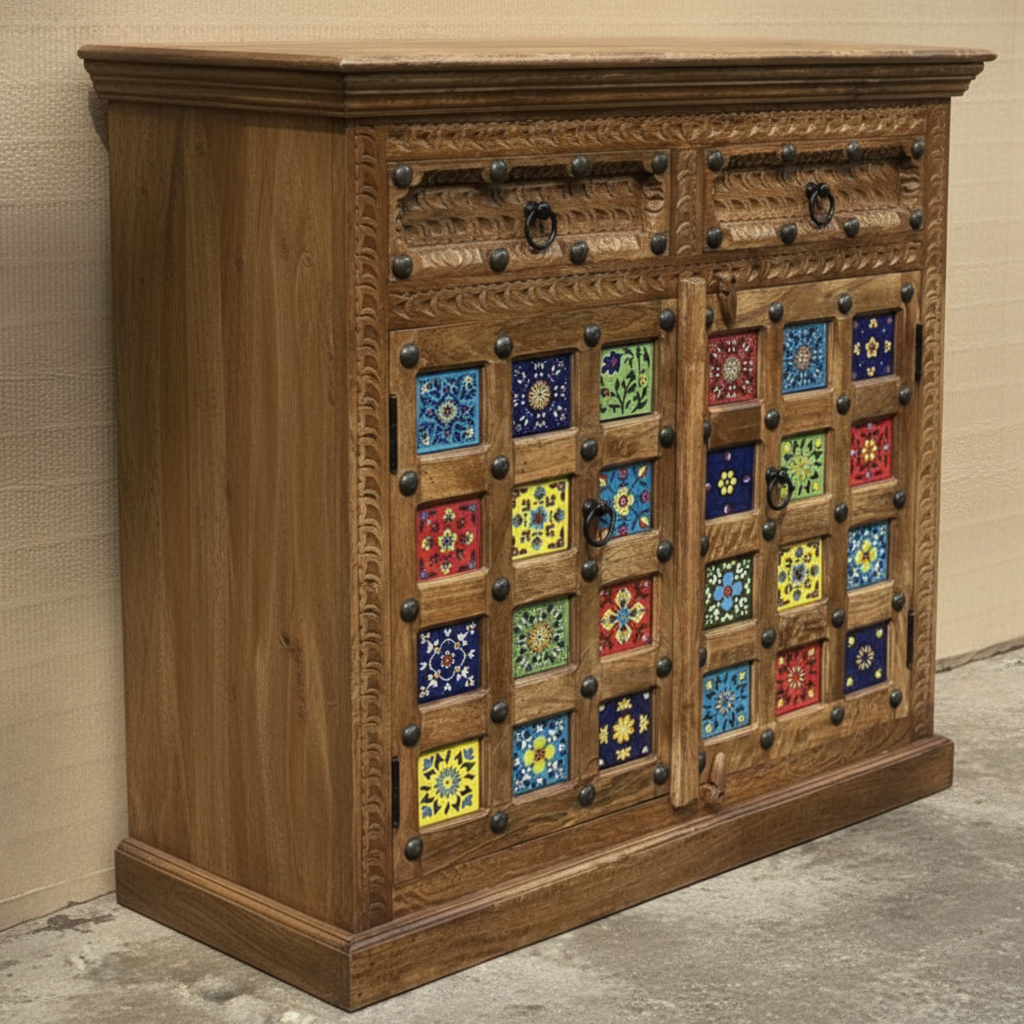Blue Pottery tile sideboard – 45-degree angle showing carved side panel and door tile detail