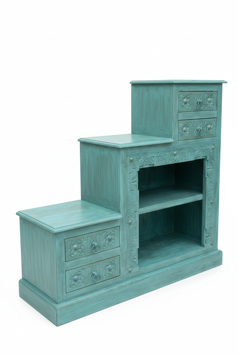 Hand-carved turquoise stepped bookcase – left angle white background