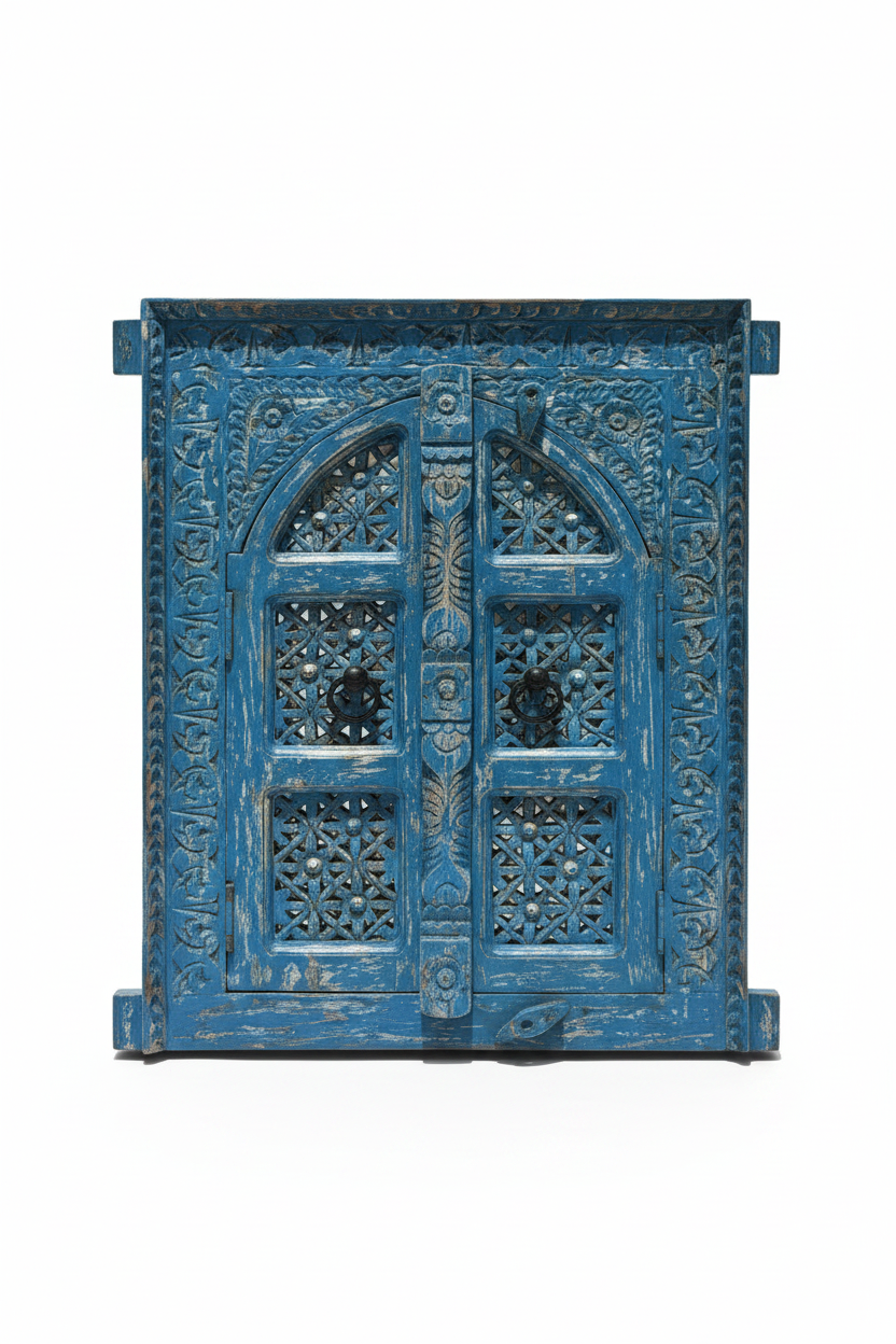 Antique cobalt blue jali window mirror – doors closed white background