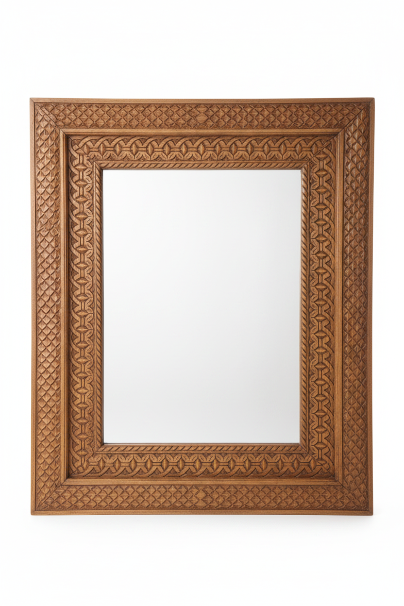 Natural mango wood petal scale mirror – front view white background