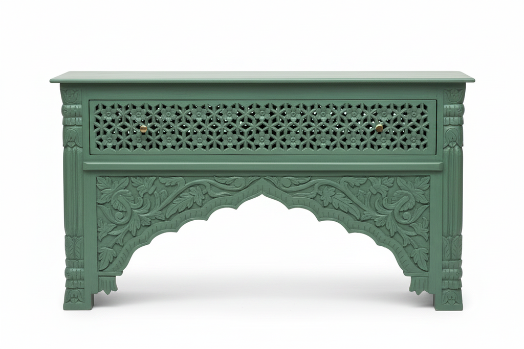 Hand-carved sage green console table – front view white background