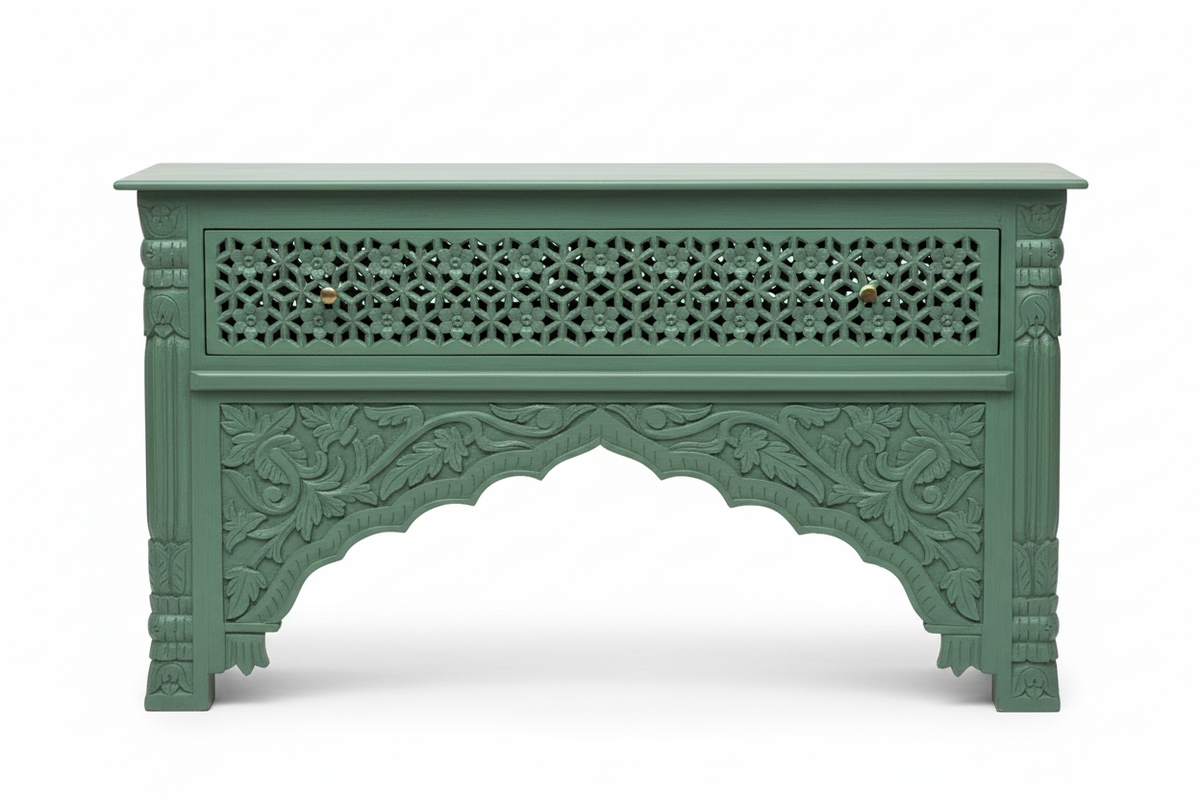 Hand-carved sage green console table – front view white background