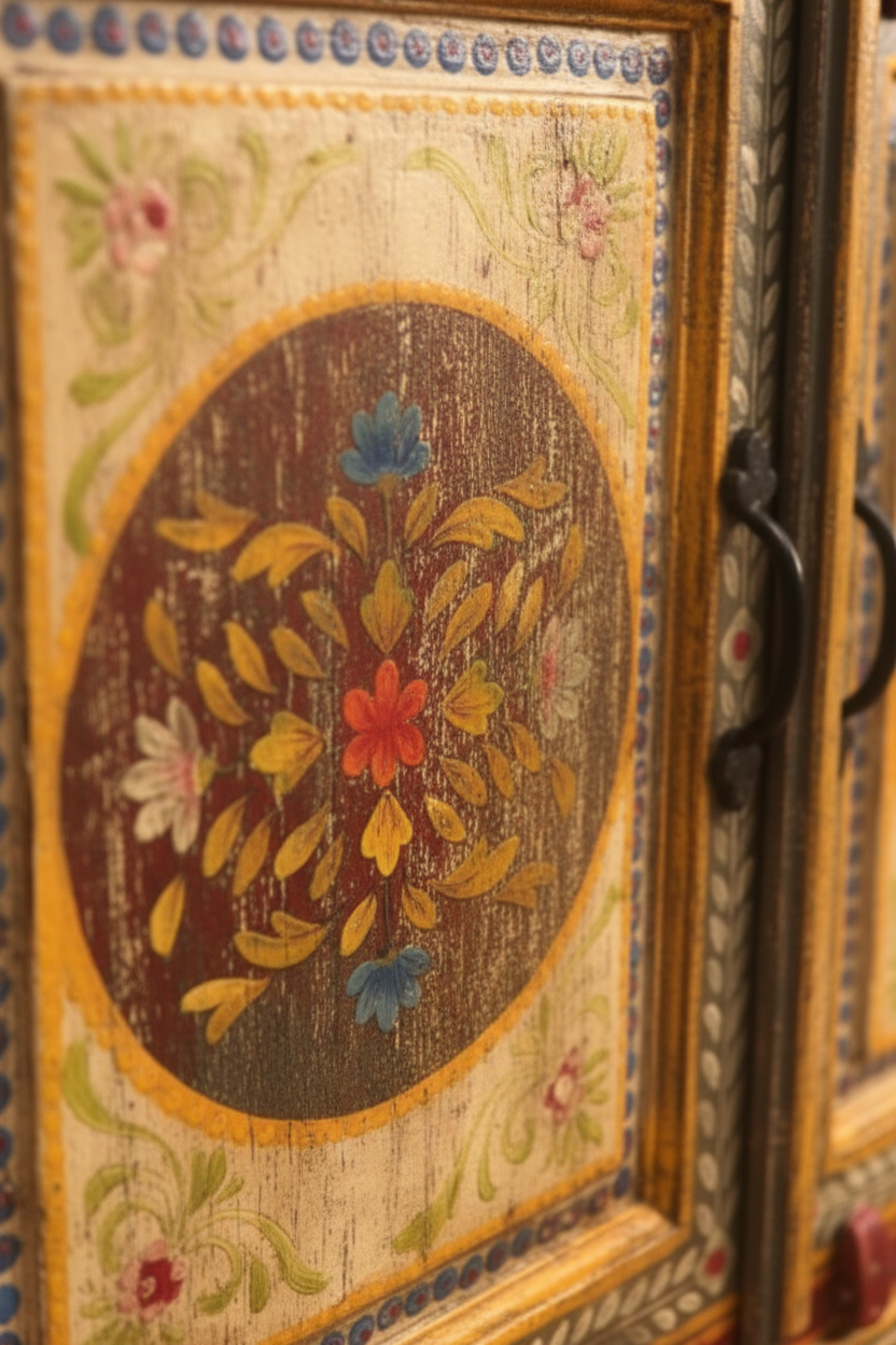 Close-up of hand-painted mandala medallion on Rajasthani sideboard door